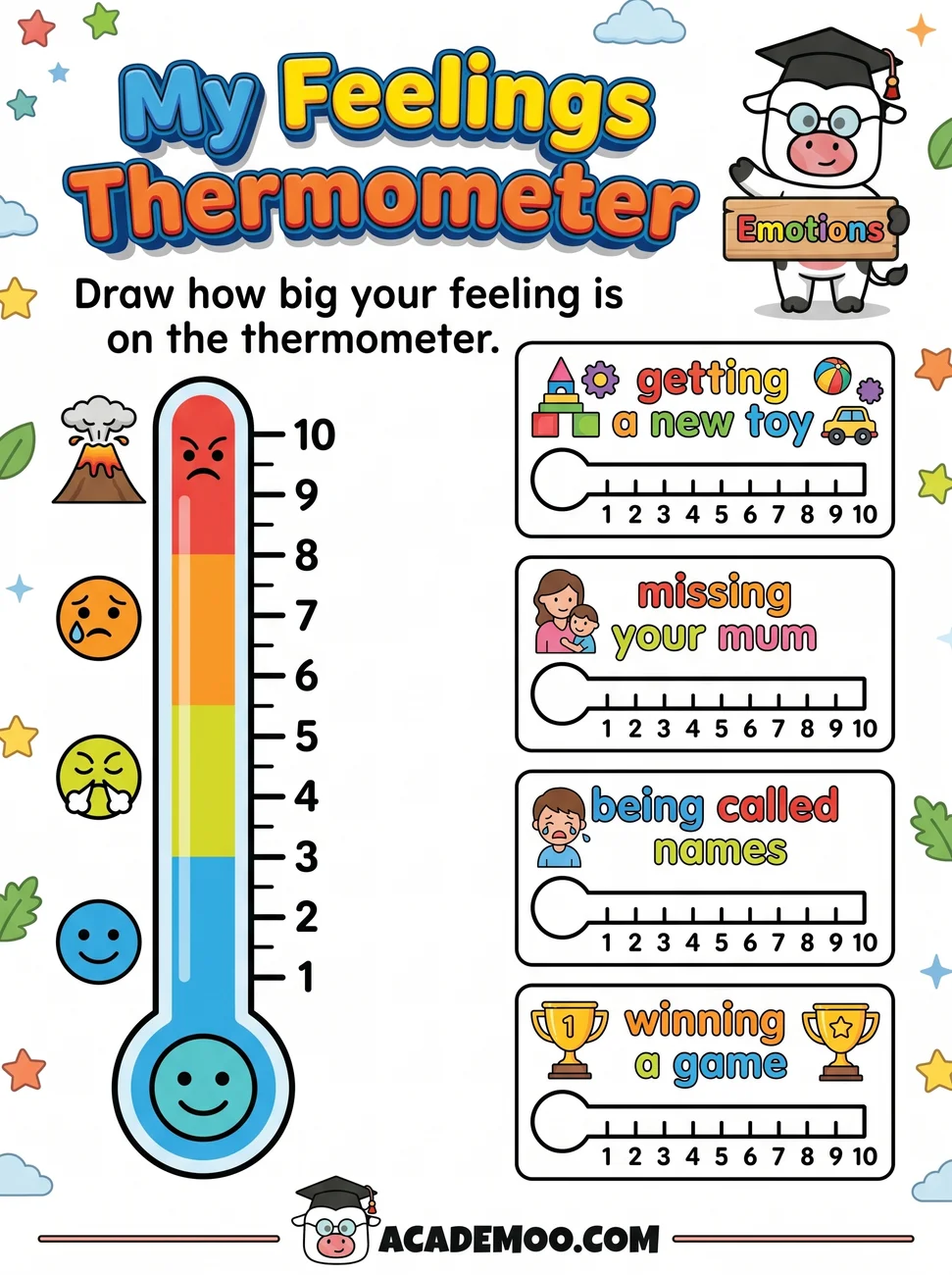 My Feelings Thermometer worksheet 1st grade language arts printable PDF · Free printable my feelings thermometer worksheet for 1st Grade.