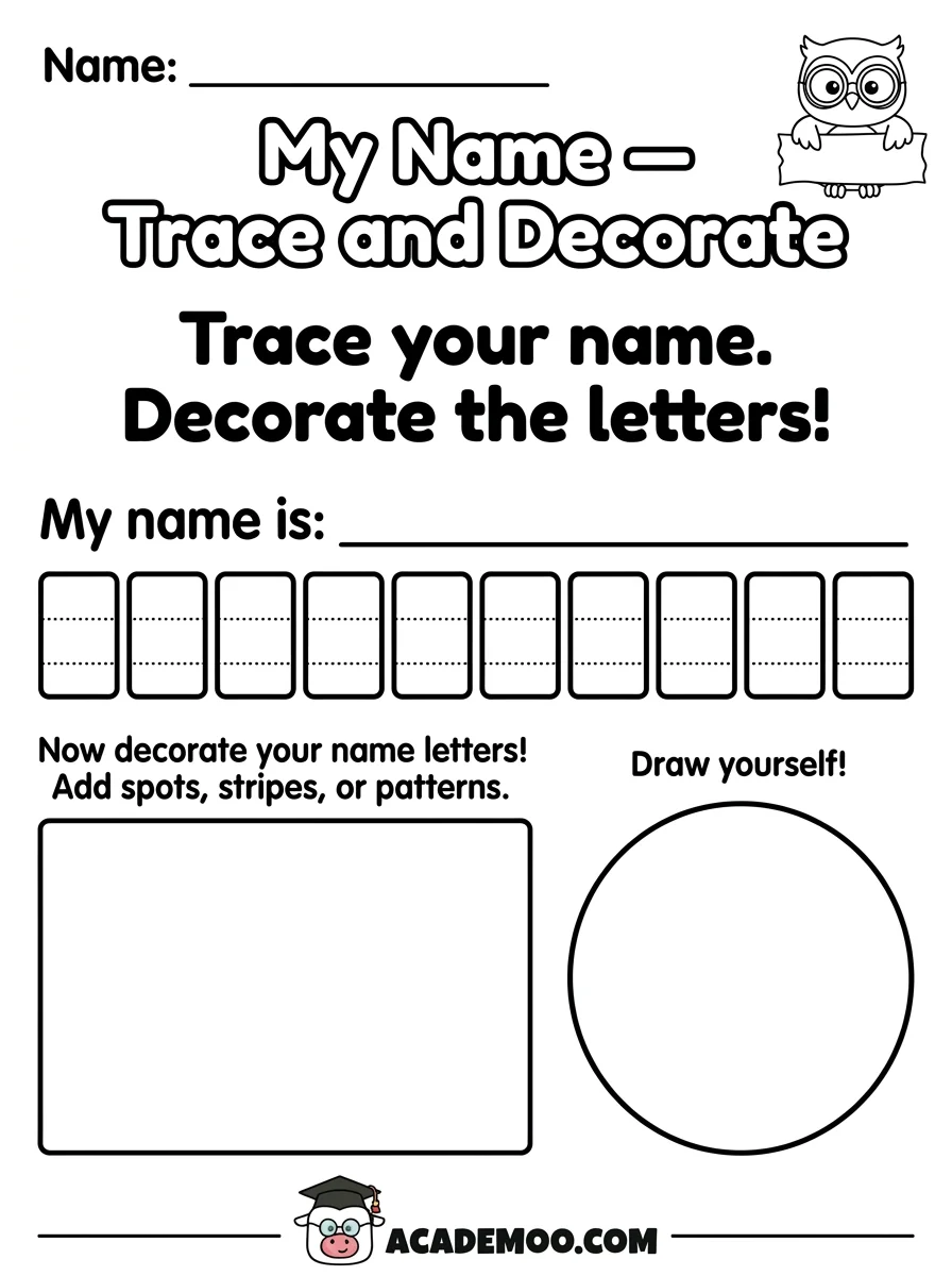 My Name Trace and Decorate worksheet pre-k language arts printable PDF · Printable my name trace and decorate worksheet for Pre-K.