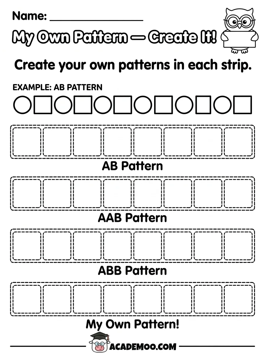 My Own Pattern Create It worksheet pre-k math printable PDF · Free printable My Own Pattern Create It worksheet for Pre-K.
