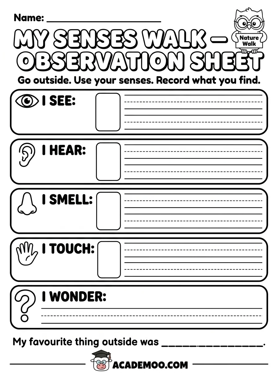My Senses Walk Observation Sheet worksheet kindergarten science printable PDF · Printable my senses walk observation sheet worksheet for Kindergarten.