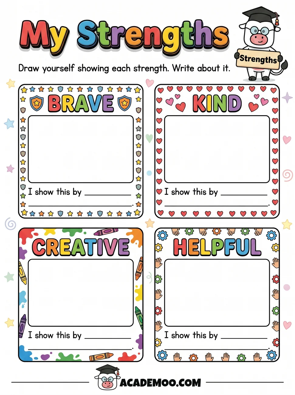 My Strengths worksheet kindergarten language arts printable PDF · Printable my strengths worksheet for Kindergarten.