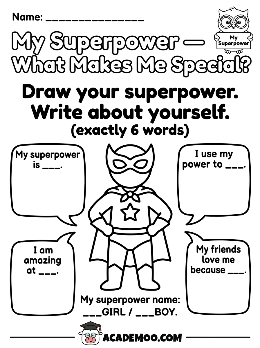 My Superpower What Makes Me Special worksheet pre-k language arts printable PDF · Free printable My Superpower What Makes Me Special worksheet for Pre-K.