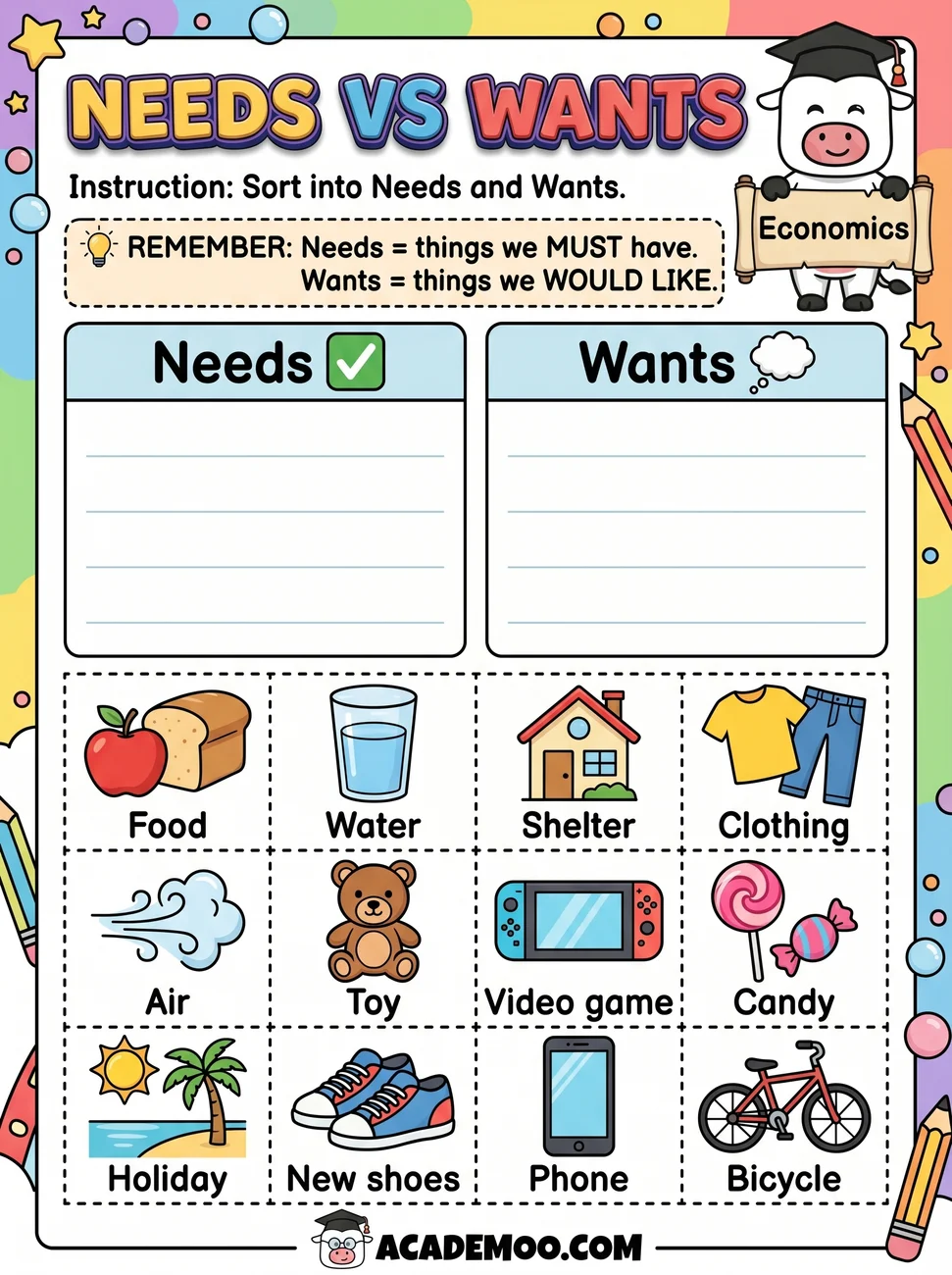 Needs vs Wants Sort worksheet kindergarten language arts printable PDF · Printable needs vs wants sort worksheet for Kindergarten.