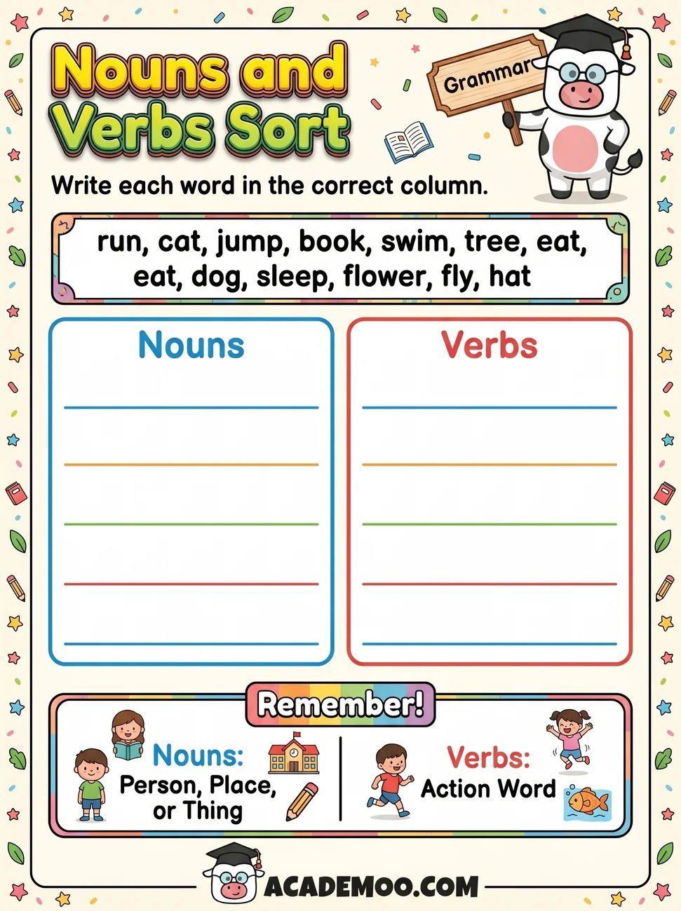 Nouns and Verbs Sort worksheet kindergarten language arts printable PDF · Printable nouns and verbs sort worksheet for Kindergarten.