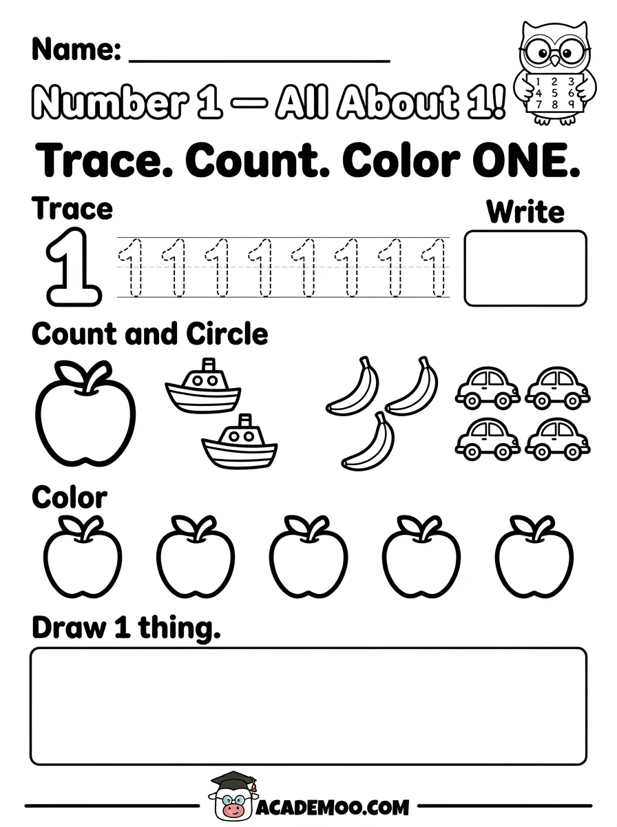 Number 1 All About 1 worksheet pre-k math printable PDF · Printable number 1 all about 1 worksheet for Pre-K.