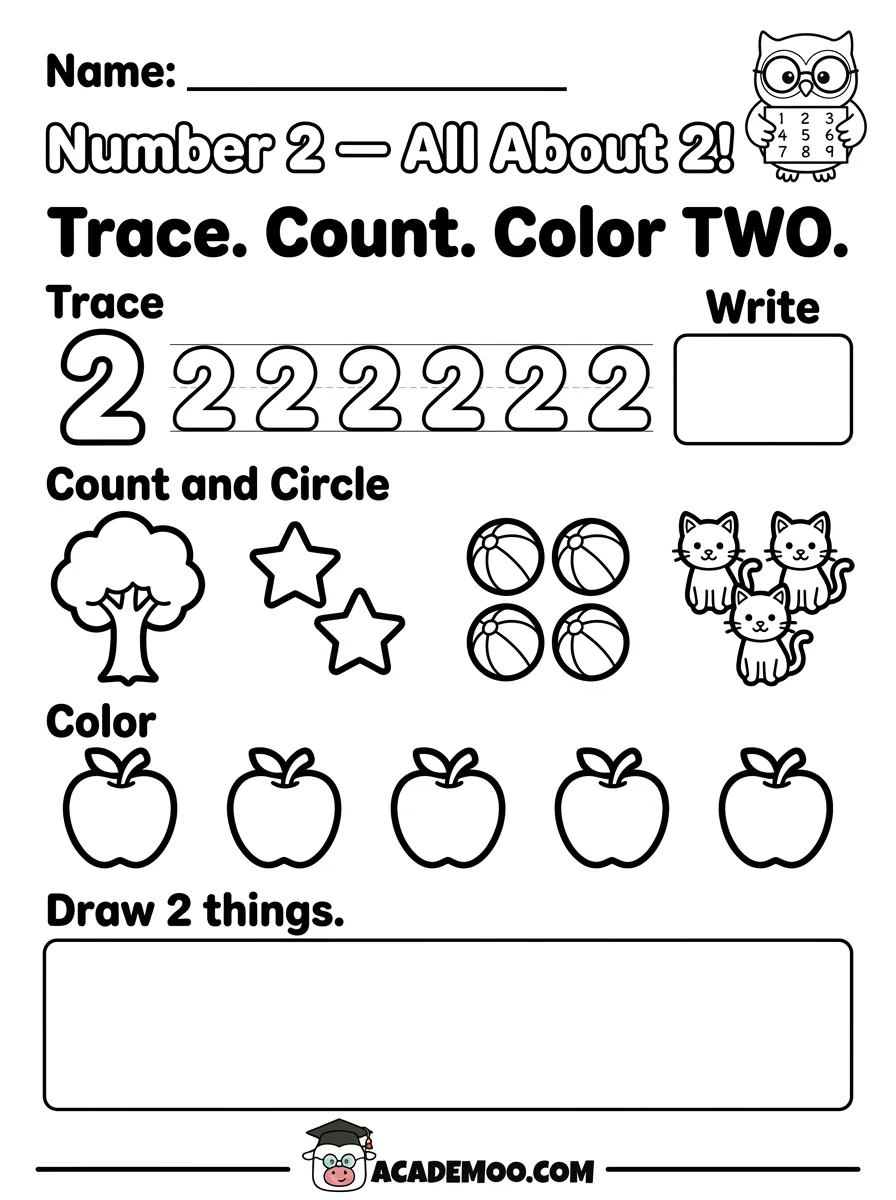 Number 2 All About 2 worksheet pre-k math printable PDF · Printable number 2 all about 2 worksheet for Pre-K.
