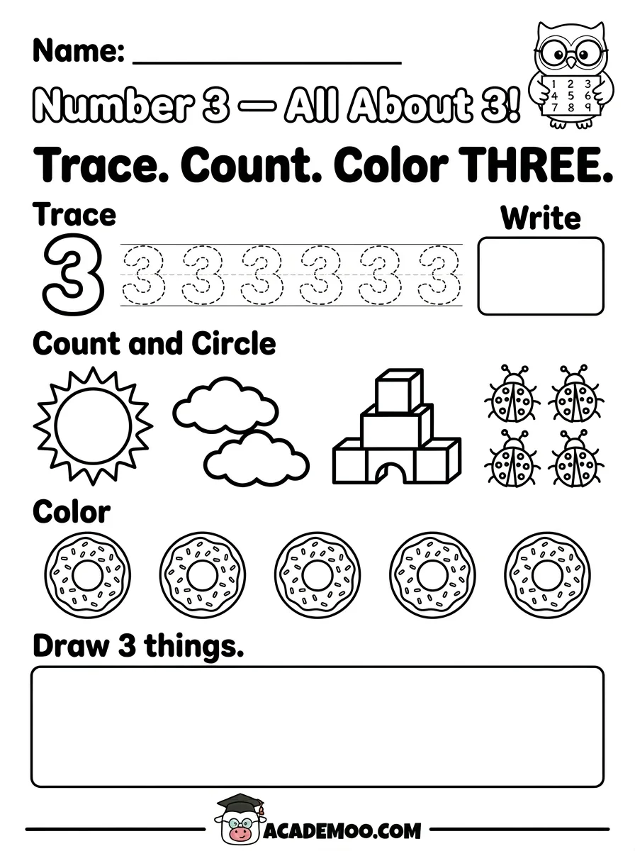 Number 3 All About 3 worksheet pre-k math printable PDF · Printable number 3 all about 3 worksheet for Pre-K.