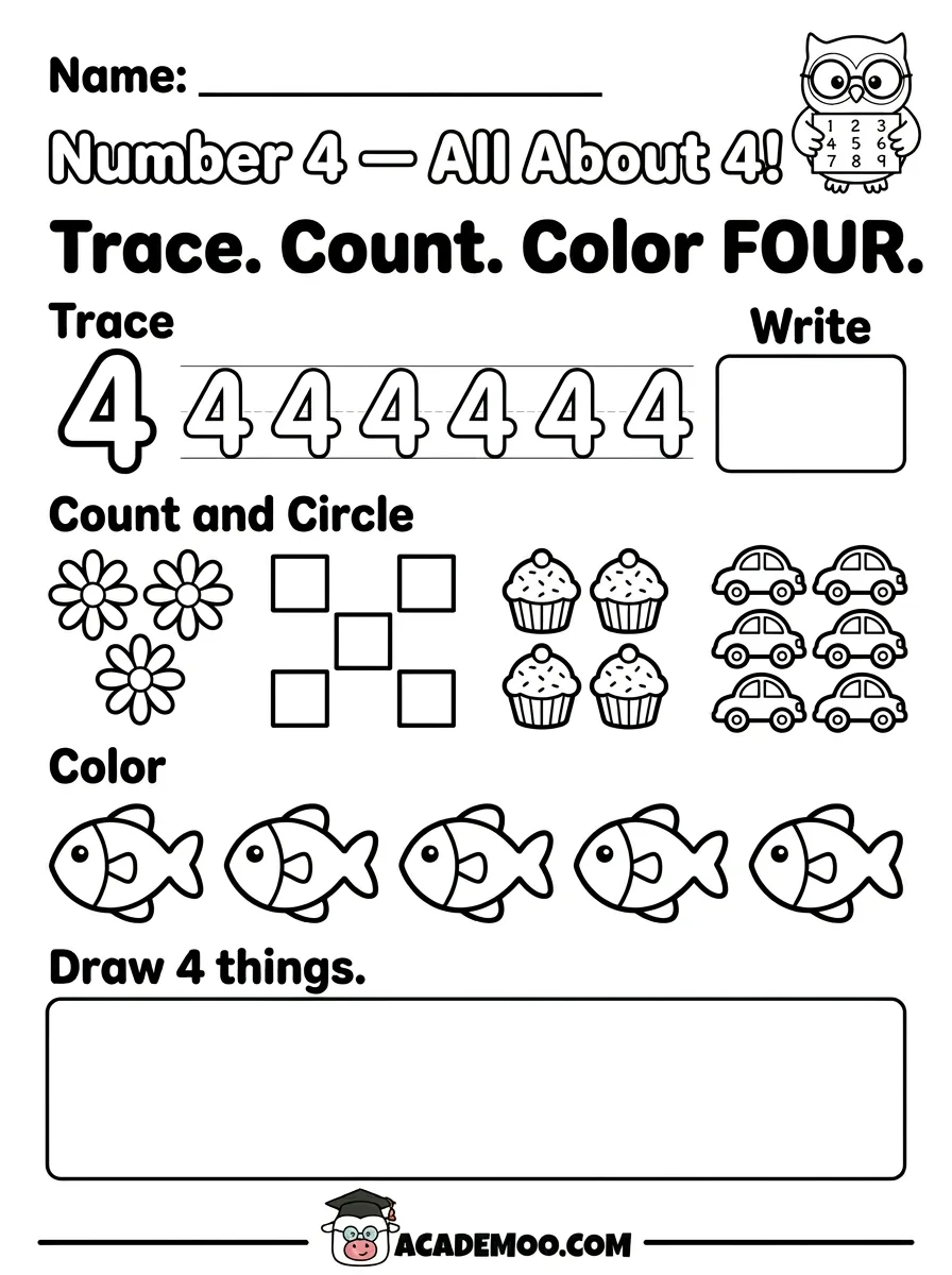 Number 4 All About 4 worksheet pre-k math printable PDF · Printable number 4 all about 4 worksheet for Pre-K.