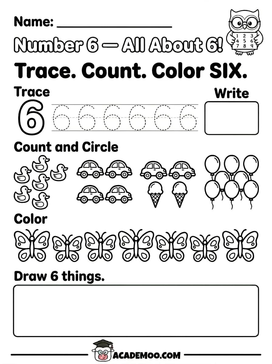 Number 6 All About 6 worksheet kindergarten math printable PDF · Printable number 6 all about 6 worksheet for Kindergarten.