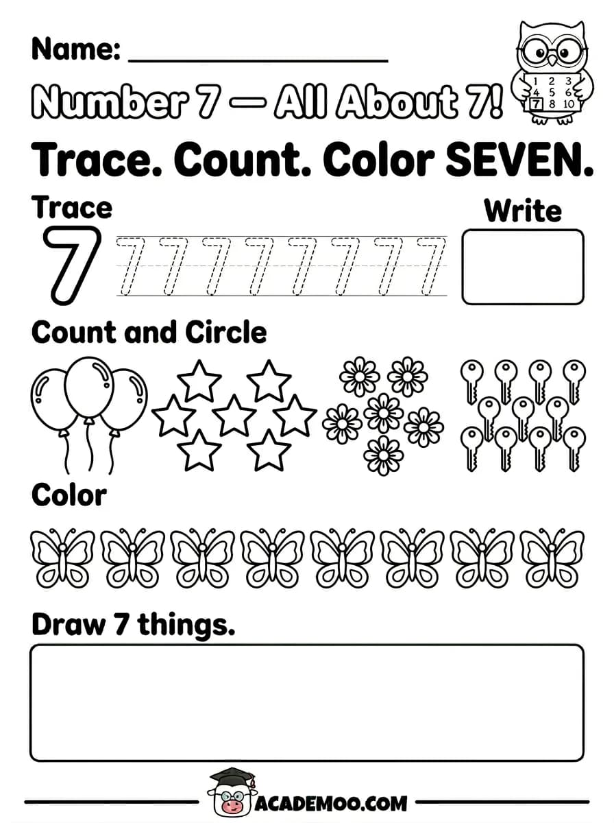 Number 7 All About 7 worksheet kindergarten math printable PDF · Printable number 7 all about 7 worksheet for Kindergarten.