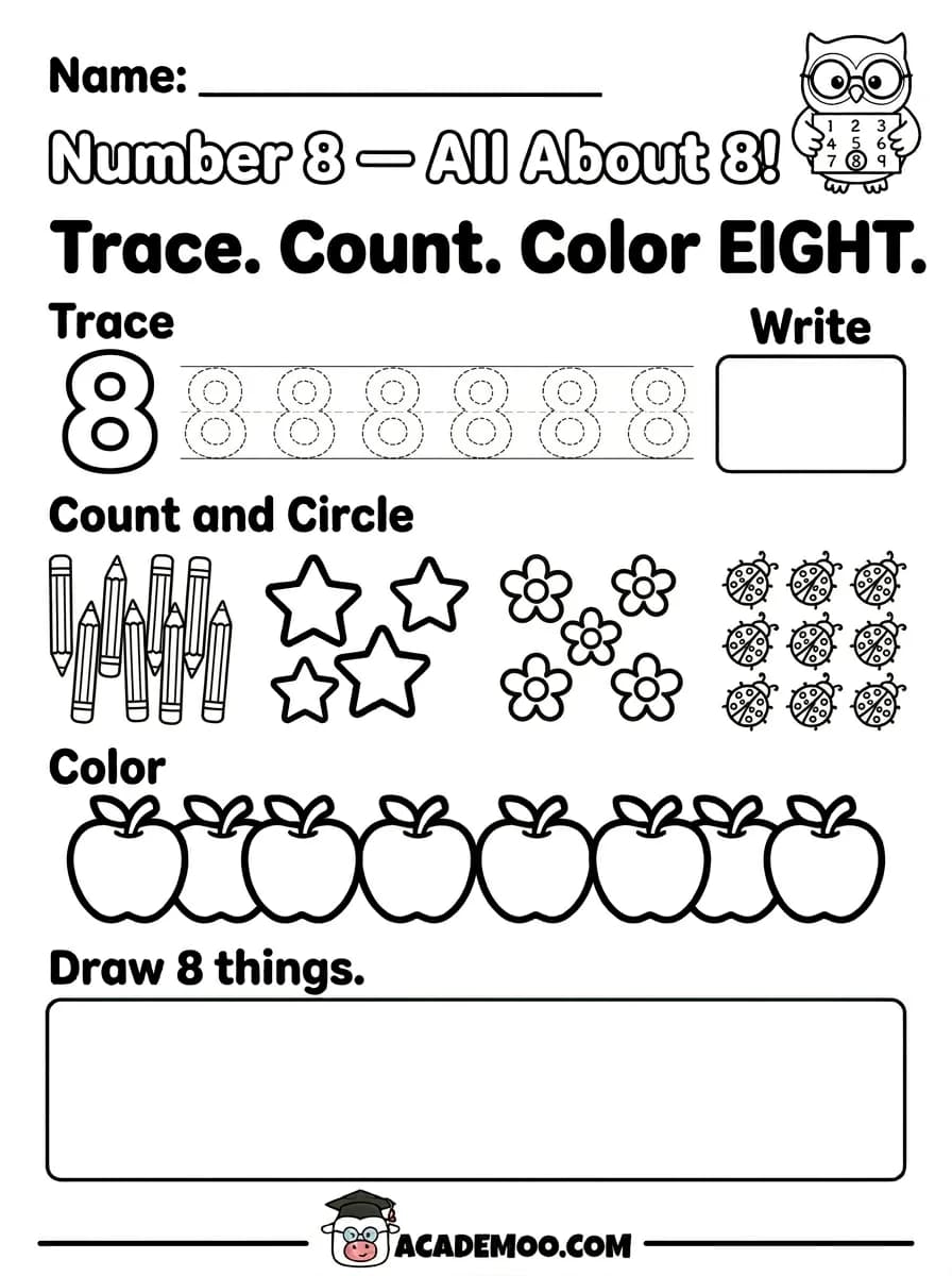 Number 8 All About 8 worksheet kindergarten math printable PDF · Printable number 8 all about 8 worksheet for Kindergarten.