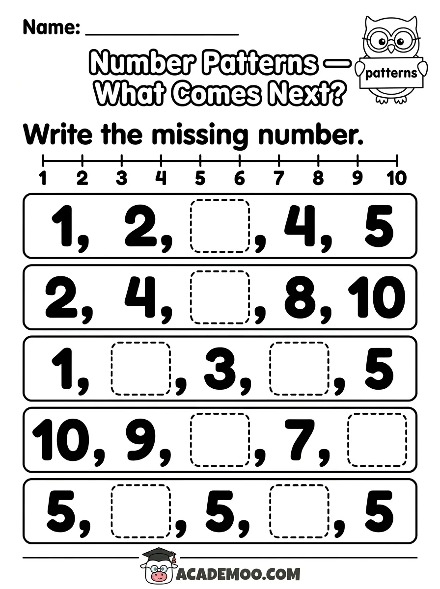 Number Patterns What Comes Next worksheet kindergarten math printable PDF · Free printable Number Patterns What Comes Next worksheet for Kindergarten.