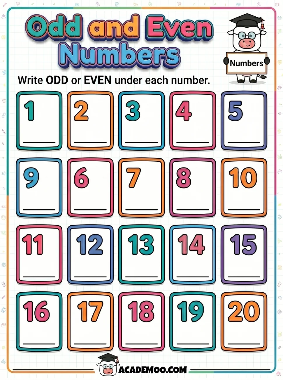 Odd and Even Numbers worksheet 1st grade math printable PDF · Printable odd and even numbers worksheet for 1st Grade.