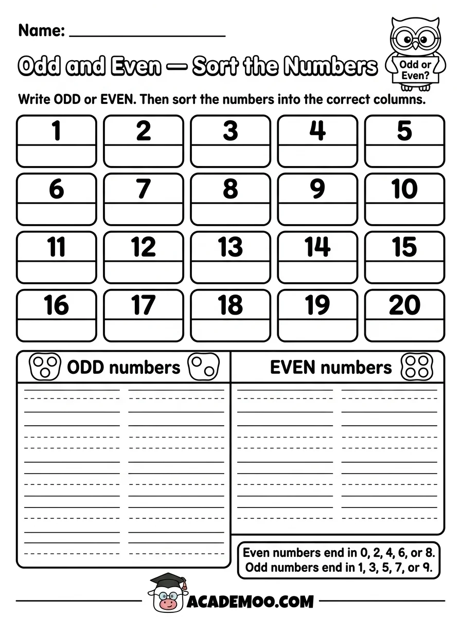 Odd and Even Sort the Numbers worksheet 1st grade math printable PDF · Printable odd and even sort the numbers worksheet for 1st Grade.