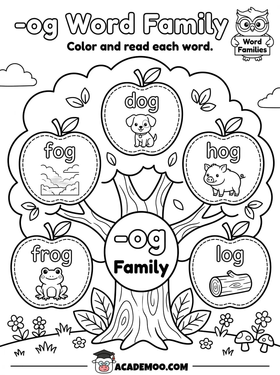 -og Word Family worksheet kindergarten language arts printable PDF · Color and read each -og word on the apple tree: dog, fog, hog, frog, log.
