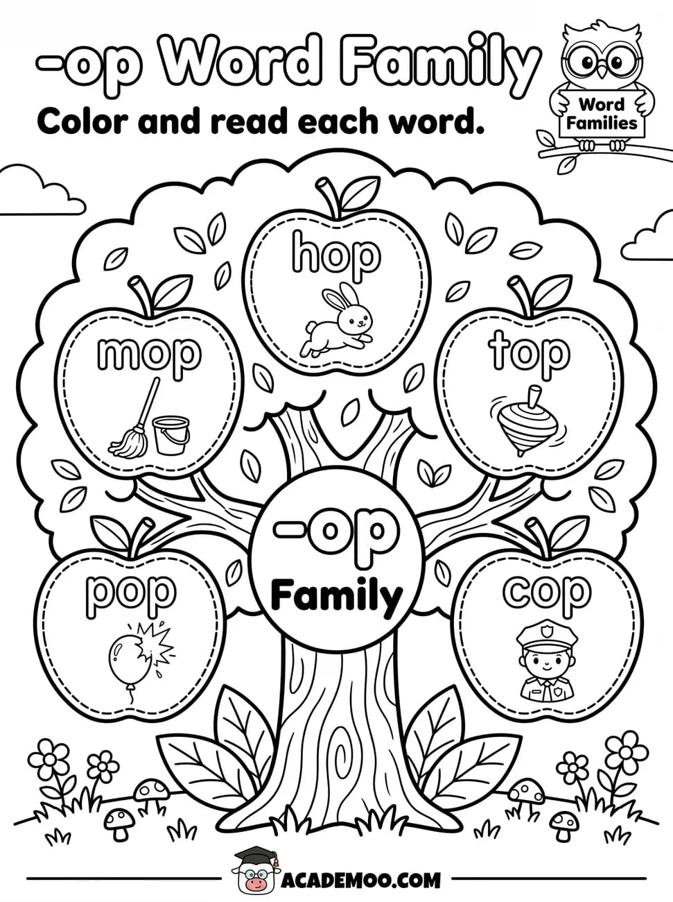 -op Word Family worksheet kindergarten language arts printable PDF · Color and read each -op word on the apple tree: hop, mop, top, pop, cop.