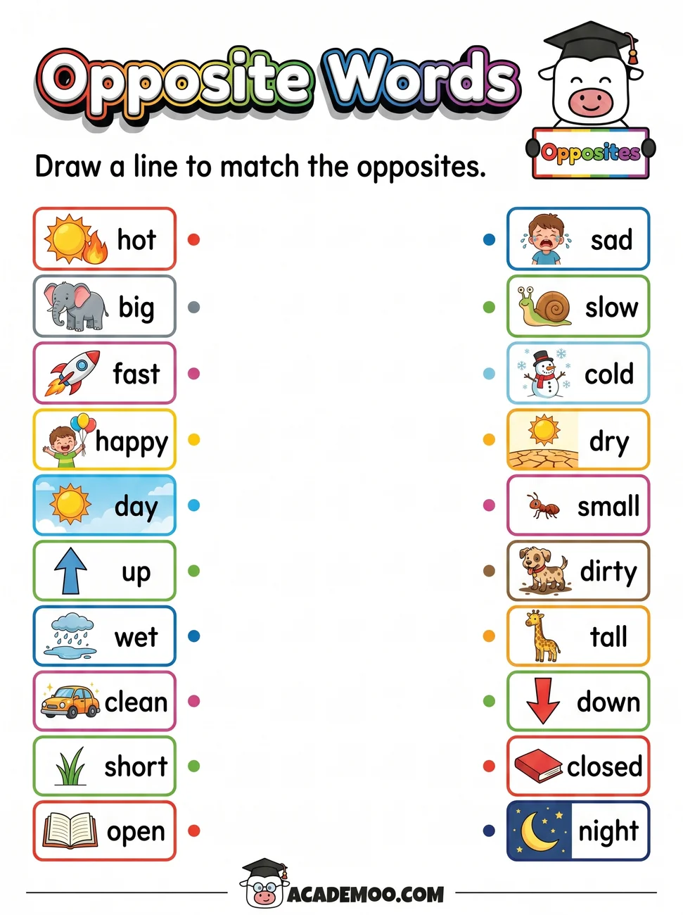 Opposite Words Match worksheet kindergarten language arts printable PDF · Printable opposite words match worksheet for Kindergarten.