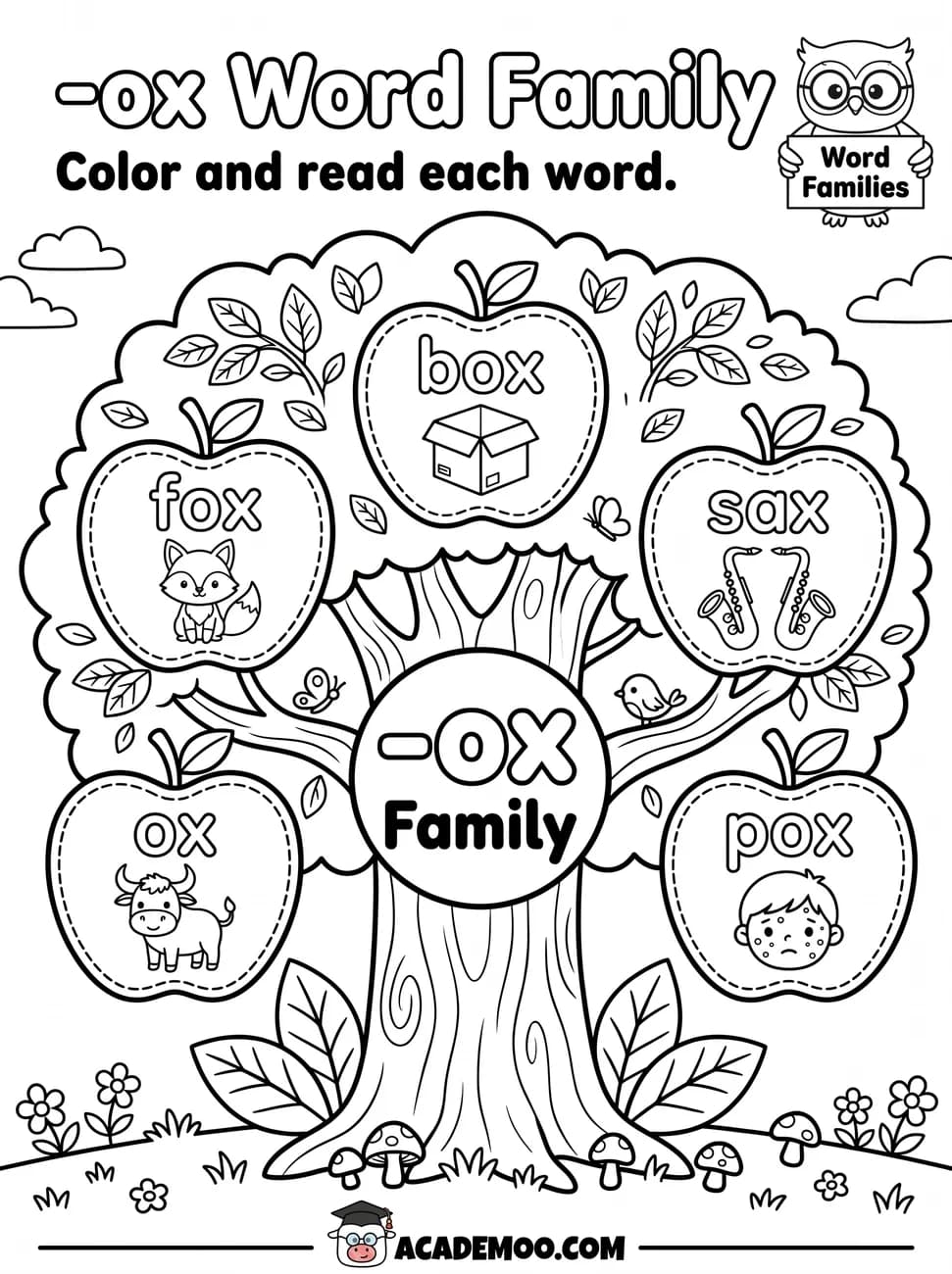-ox Word Family worksheet kindergarten language arts printable PDF · Color and read each -ox word on the apple tree: box, fox, sax, ox, pox.