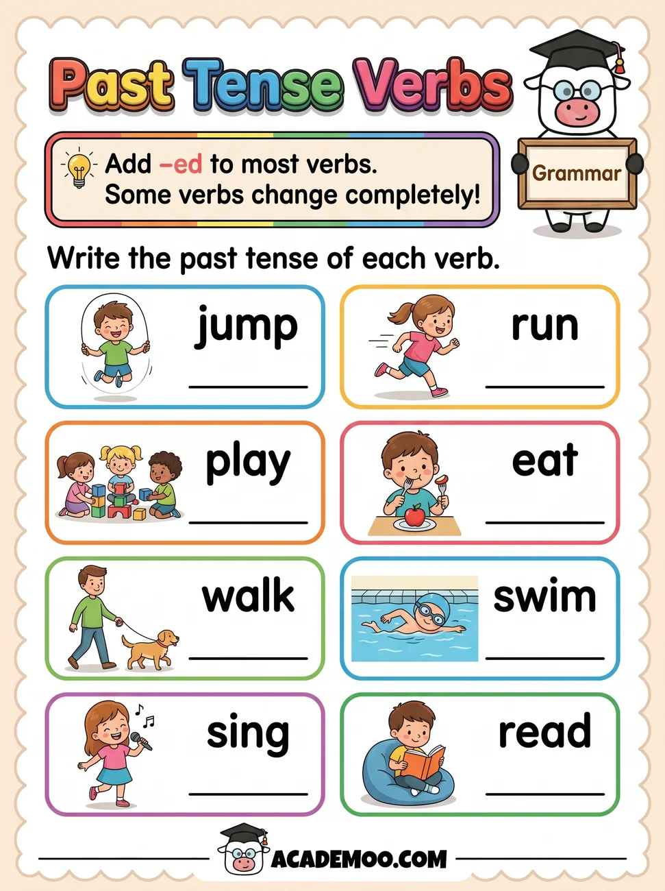 Past Tense Verbs worksheet 1st grade language arts printable PDF · Free printable past tense verbs worksheet for 1st Grade.