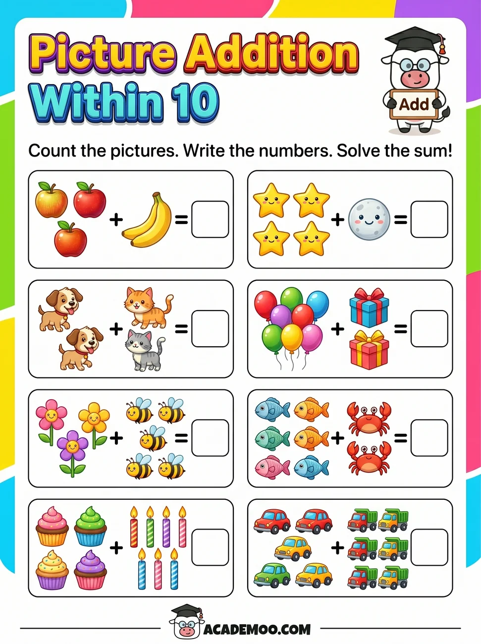 Picture Addition Within 10 worksheet kindergarten math printable PDF · Free printable picture addition within 10 worksheet for Kindergarten.