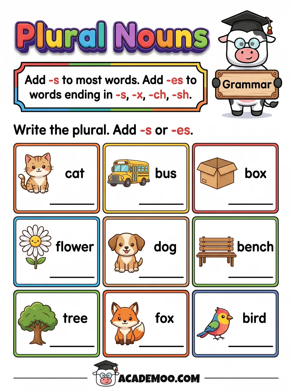 Plural Nouns worksheet 1st grade language arts printable PDF · Free printable plural nouns worksheet for 1st Grade.
