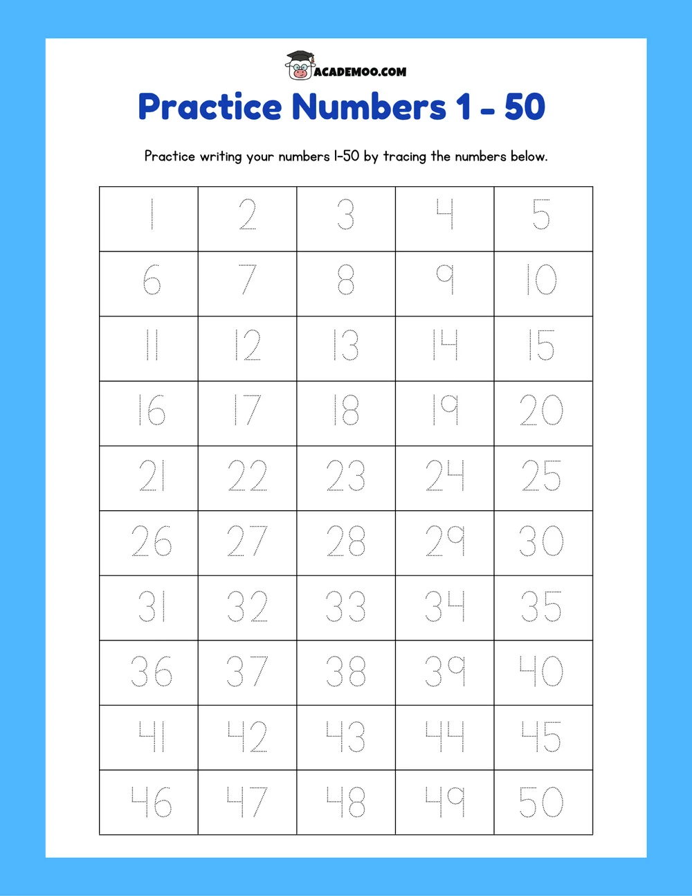Practice Numbers 1-50 worksheet kindergarten math printable PDF · Printable practice numbers 1-50 worksheet for Kindergarten.