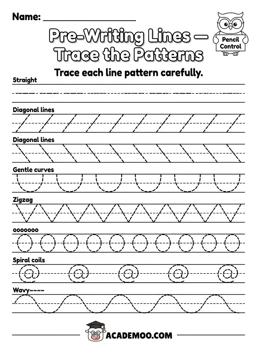 Pre-Writing Lines Trace the Patterns worksheet pre-k language arts printable PDF · Printable pre-writing lines trace the patterns worksheet for Pre-K.
