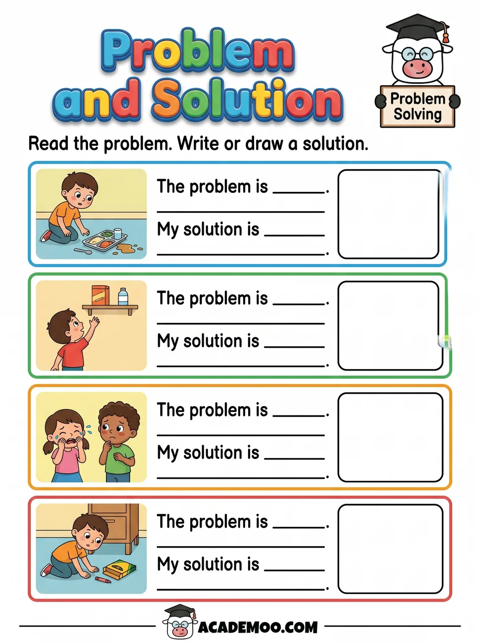 Problem and Solution worksheet kindergarten language arts printable PDF · Printable problem and solution worksheet for Kindergarten.