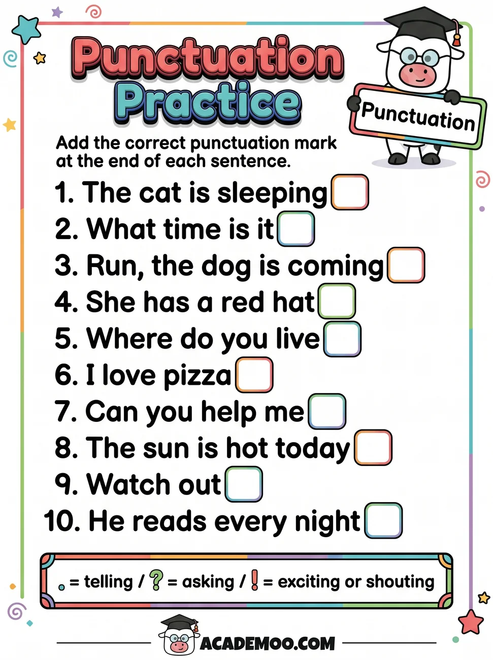 Punctuation Practice worksheet 1st grade language arts printable PDF · Printable punctuation practice worksheet for 1st Grade.