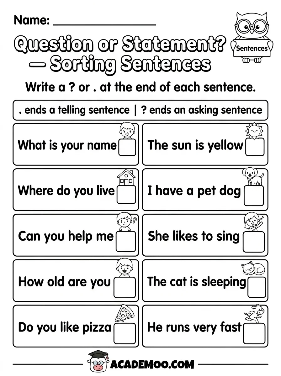 Question or Statement Sorting Sentences worksheet 1st grade language arts printable PDF · Printable question or statement sorting sentences worksheet for 1st Grade.