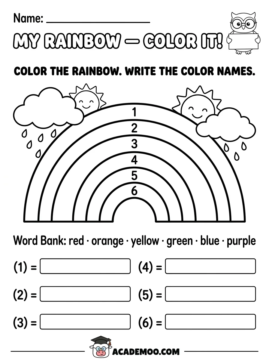 Rainbow Color Words worksheet pre-k math printable PDF · Printable rainbow color words worksheet for Pre-K.