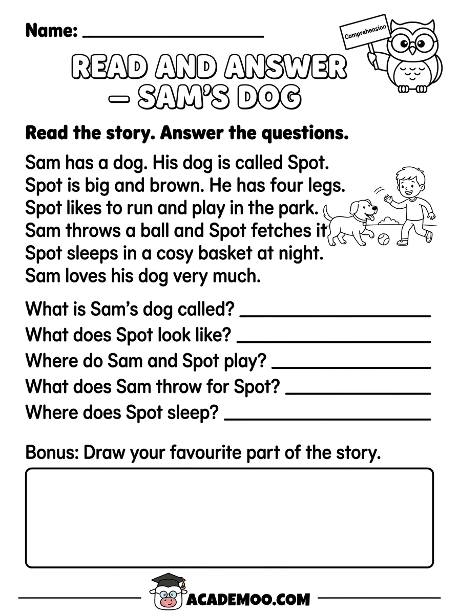 Read and Answer Sam's Dog worksheet 1st grade language arts printable PDF · Printable read and answer sam's dog worksheet for 1st Grade.