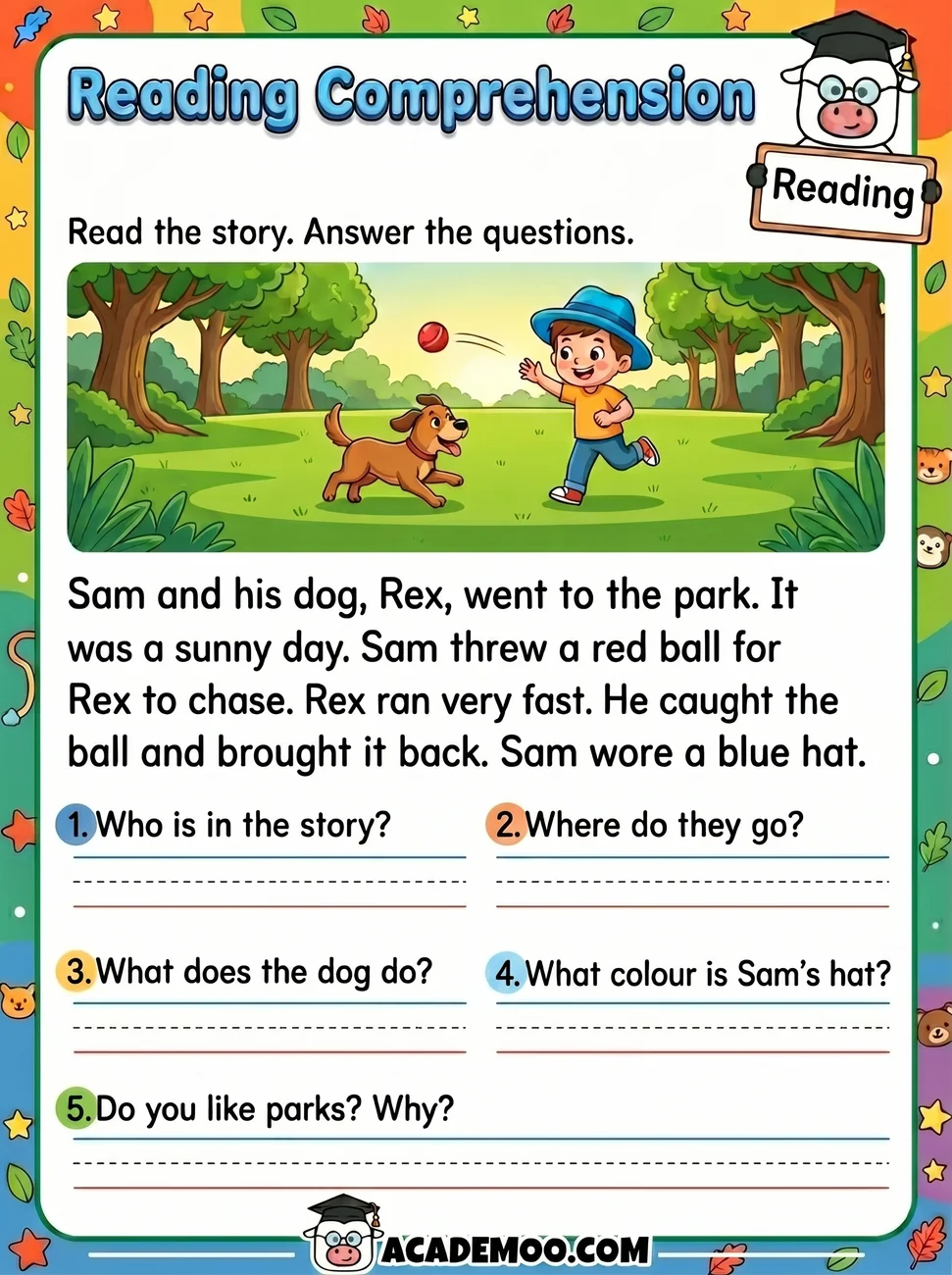 Reading Comprehension Sam and Rex worksheet 1st grade language arts printable PDF · Printable reading comprehension sam and rex worksheet for 1st Grade.