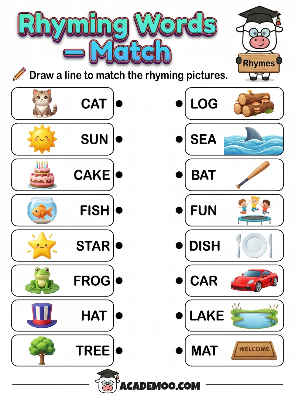 Rhyming Words Match worksheet kindergarten language arts printable PDF · Printable rhyming words match worksheet for Kindergarten.