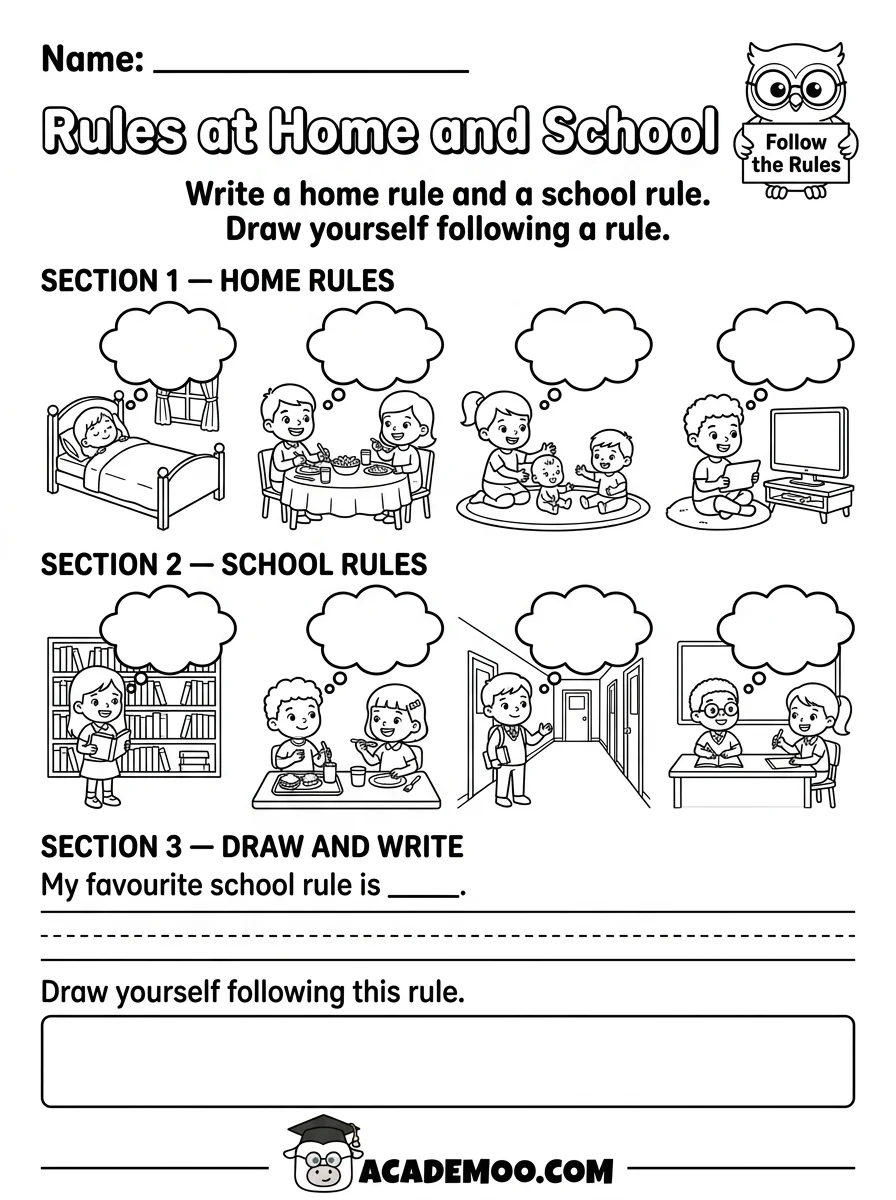 Rules at Home and School worksheet kindergarten language arts printable PDF · Printable rules at home and school worksheet for Kindergarten.