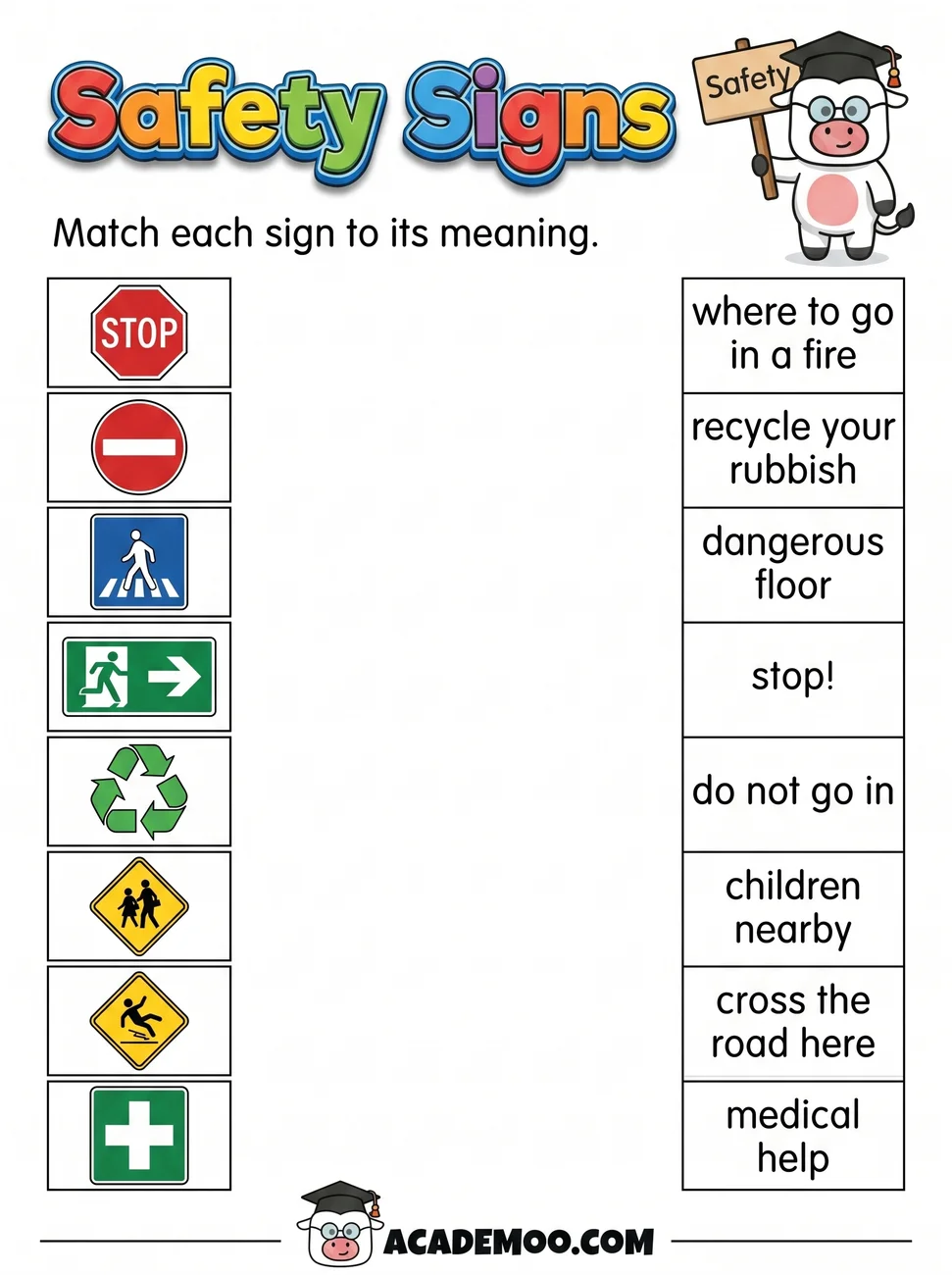 Safety Signs worksheet 1st grade language arts printable PDF · Printable safety signs worksheet for 1st Grade.
