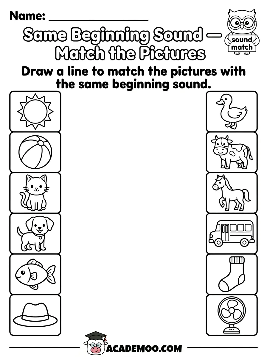Same Beginning Sound Match the Pictures worksheet kindergarten language arts printable PDF · Free printable Same Beginning Sound Match the Pictures worksheet for Kindergarten.