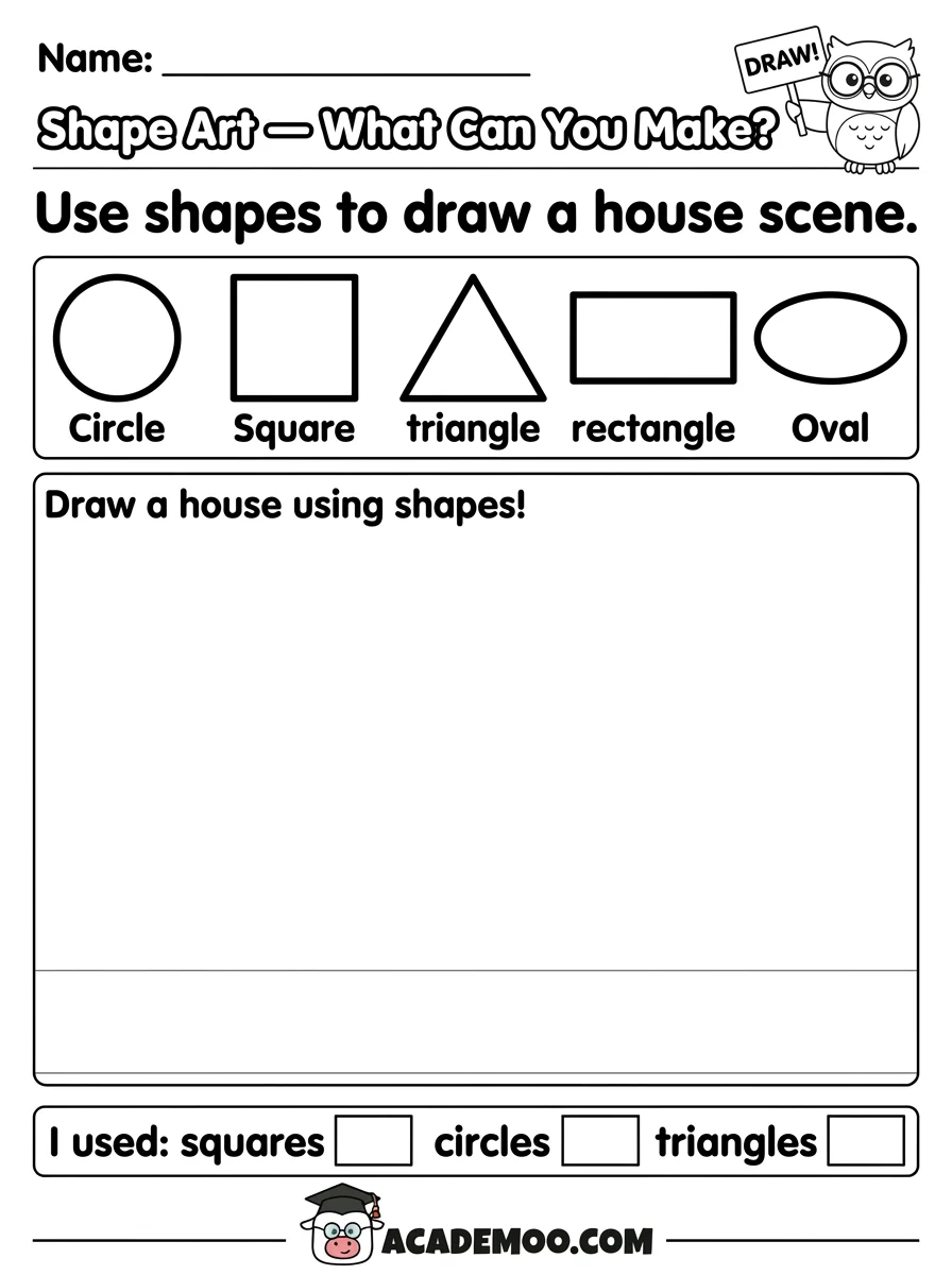 Shape Art Draw a House worksheet pre-k math printable PDF · Printable shape art draw a house worksheet for Pre-K.