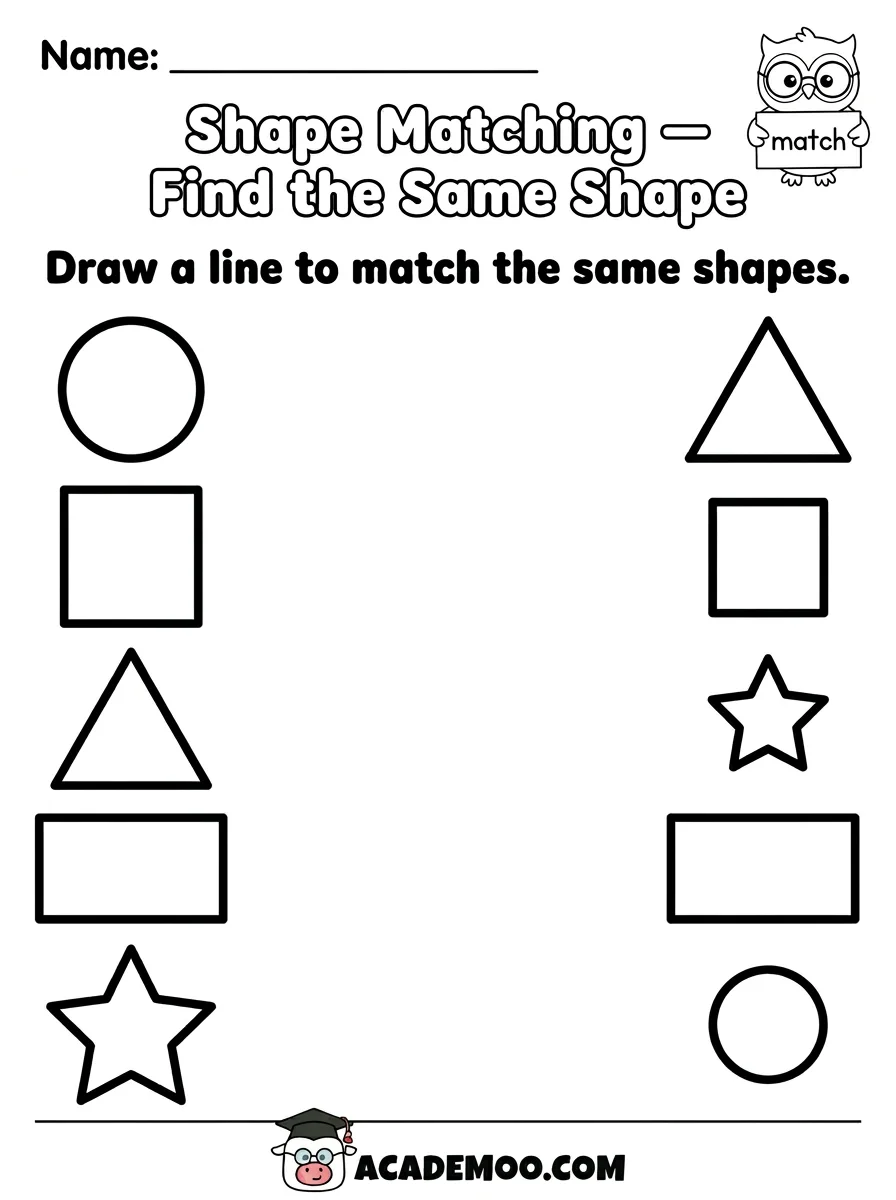 Shape Matching Find the Same Shape worksheet pre-k math printable PDF · Printable shape matching find the same shape worksheet for Pre-K.