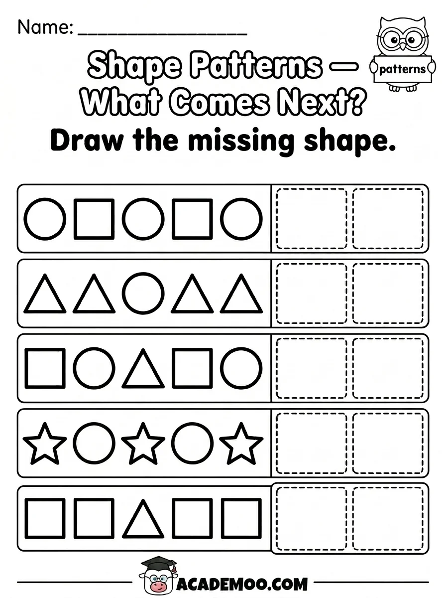 Shape Patterns Draw What Comes Next worksheet pre-k math printable PDF · Free printable Shape Patterns Draw What Comes Next worksheet for Pre-K.