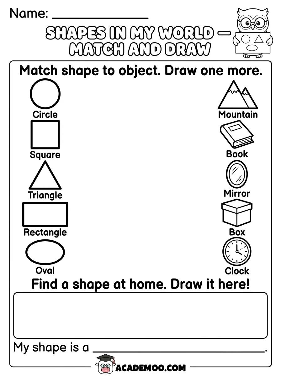 Shapes in My World Match and Draw worksheet kindergarten math printable PDF · Printable shapes in my world match and draw worksheet for Kindergarten.