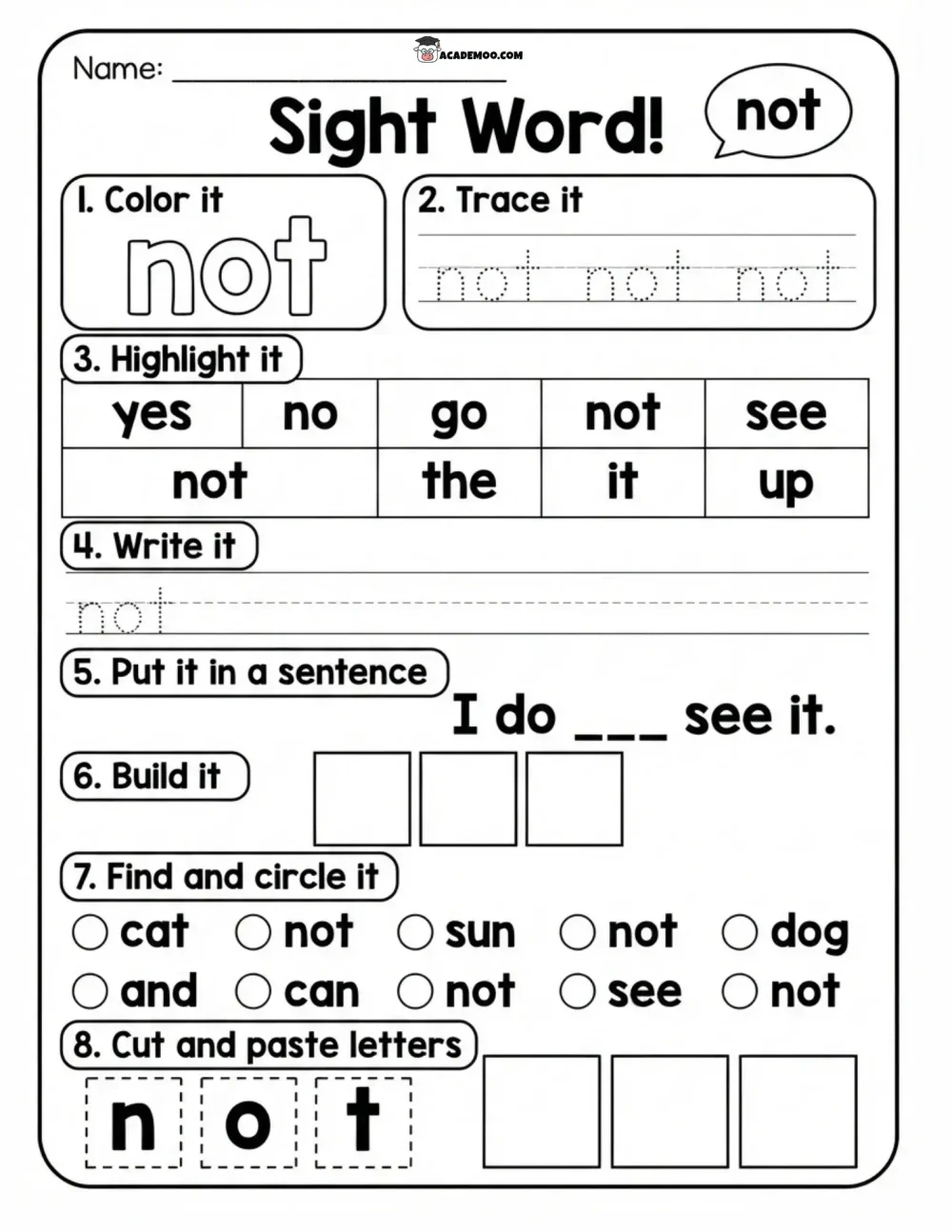 Sight Word Not worksheet kindergarten language arts printable PDF · Printable sight word not worksheet for Kindergarten.