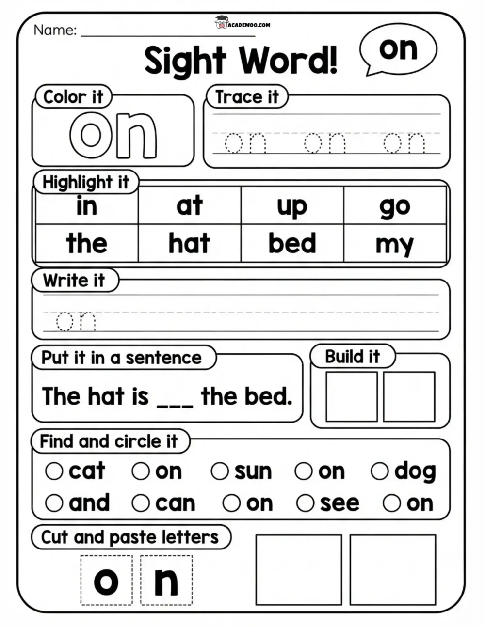 Sight Word On worksheet kindergarten language arts printable PDF · Printable sight word on worksheet for Kindergarten.