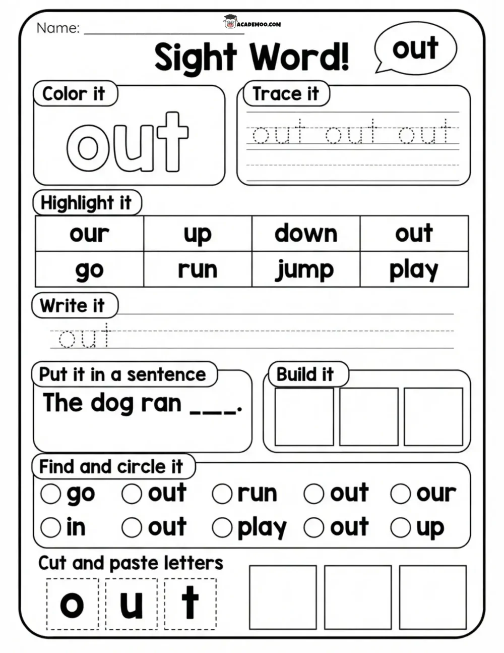 Sight Word Out worksheet kindergarten language arts printable PDF · Printable sight word out worksheet for Kindergarten.