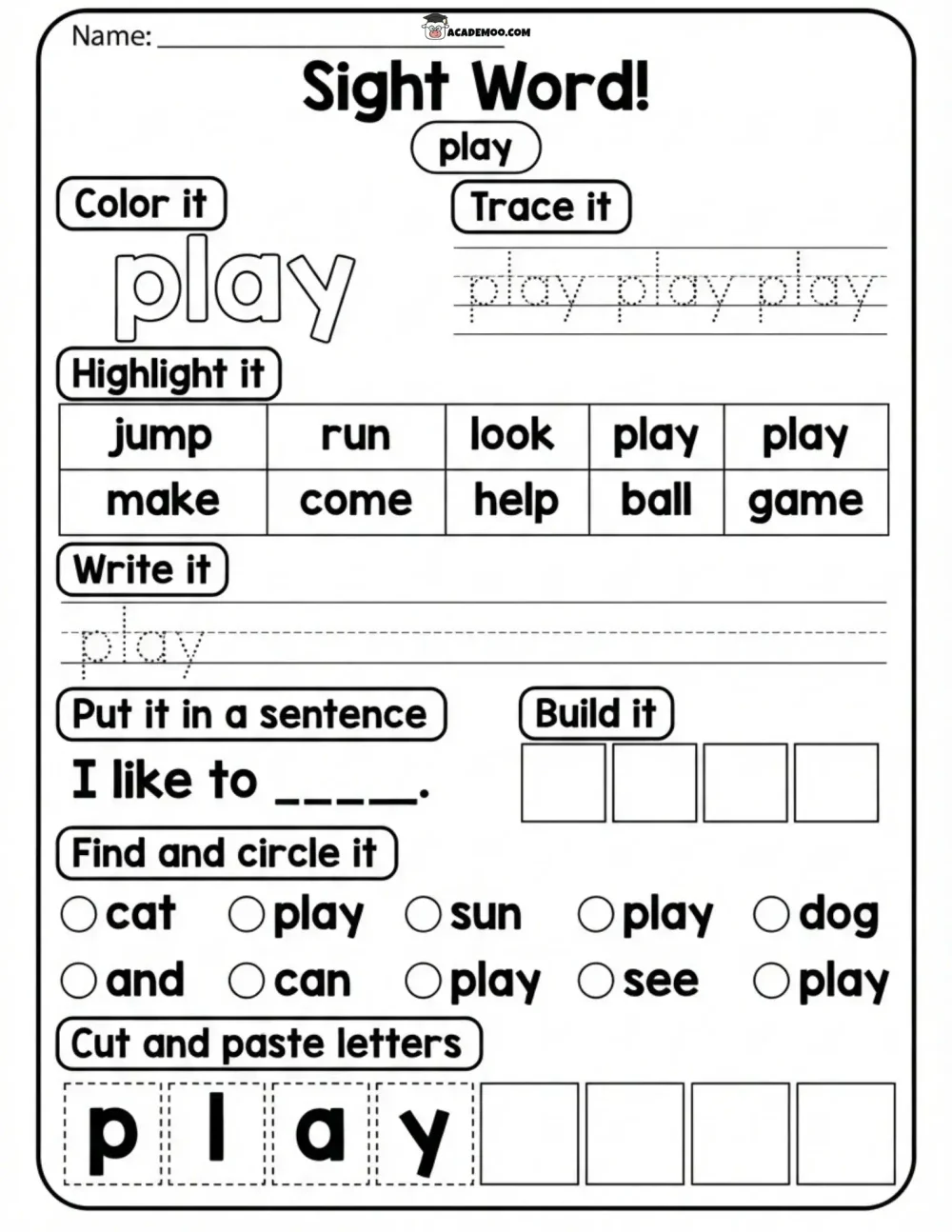 Sight Word Play worksheet kindergarten language arts printable PDF · Printable sight word play worksheet for Kindergarten.