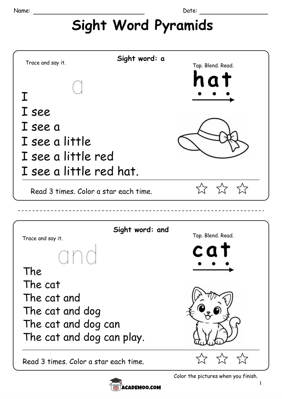 Sight Word Pyramids: 92 Words worksheet 1st grade language arts printable PDF · Printable sight word pyramids: 92 words for Grade 1.