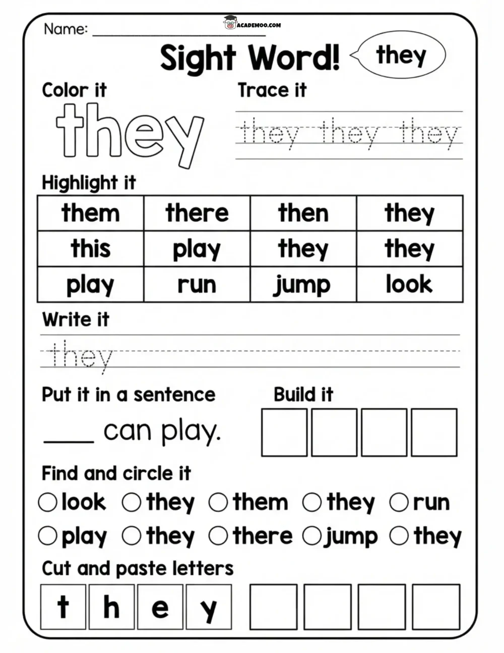 Sight Word They worksheet kindergarten language arts printable PDF · Printable sight word they worksheet for Kindergarten.