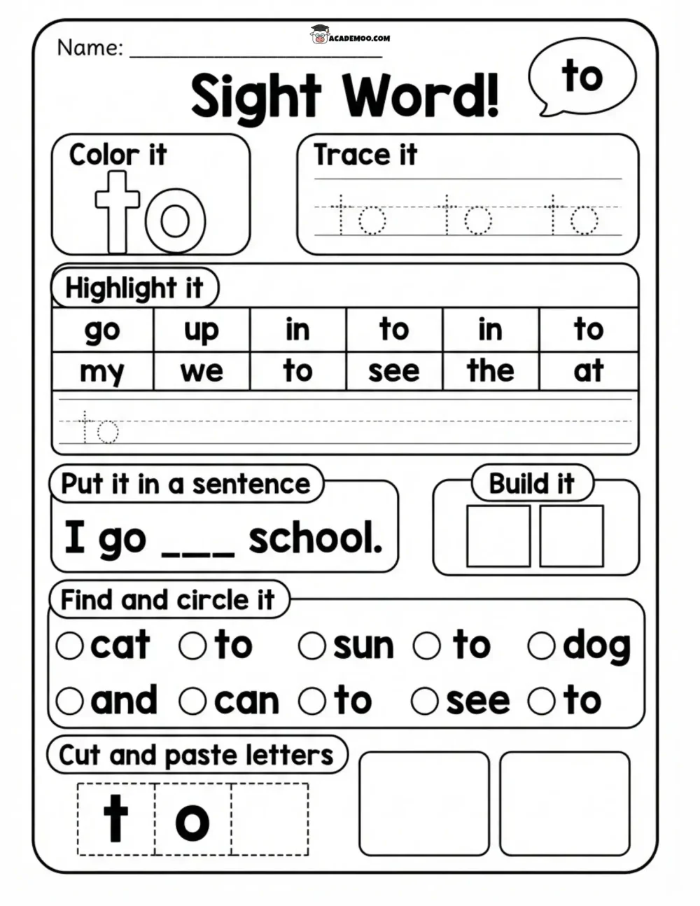 Sight Word To worksheet kindergarten language arts printable PDF · Printable sight word to worksheet for Kindergarten.