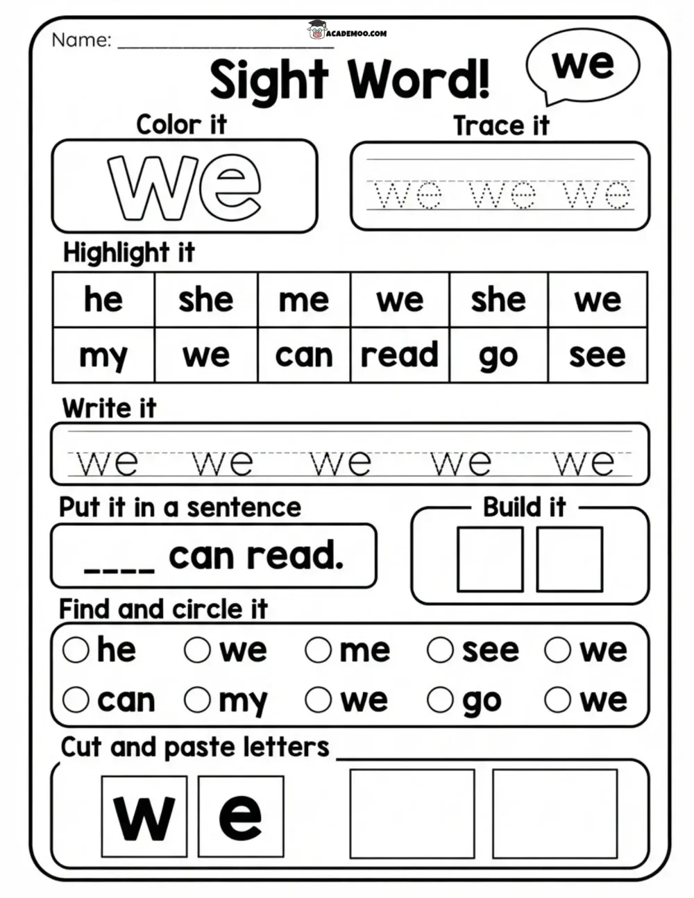 Sight Word We worksheet kindergarten language arts printable PDF · Printable sight word we worksheet for Kindergarten.