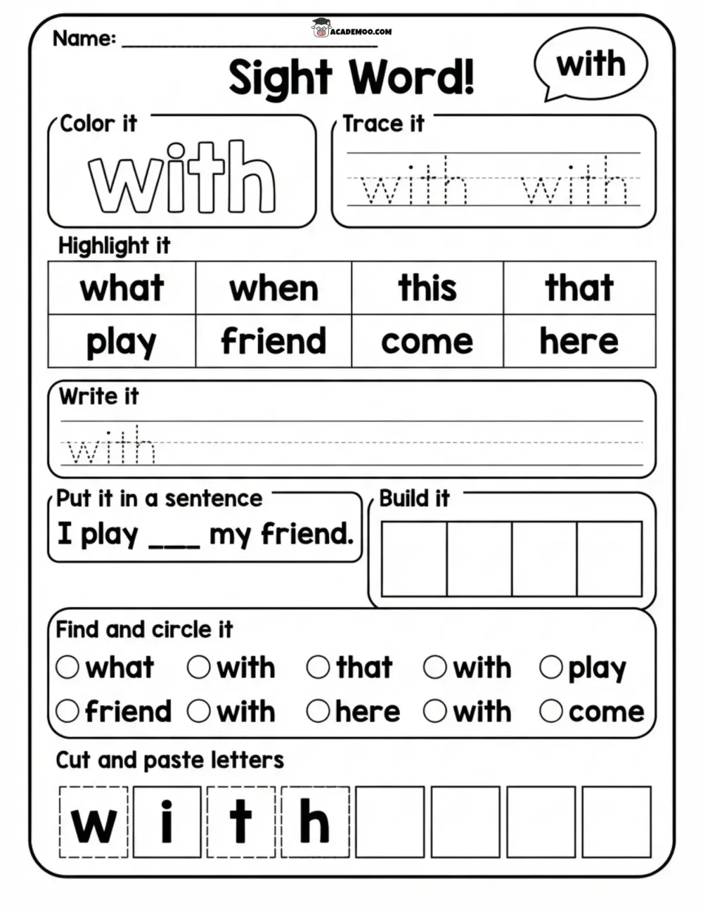 Sight Word With worksheet kindergarten language arts printable PDF · Printable sight word with worksheet for Kindergarten.